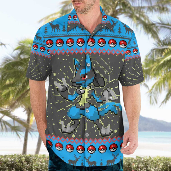 Chemise hawaïenne Lucario Pokémon pixel Noël - Maison Otaku – Image 3