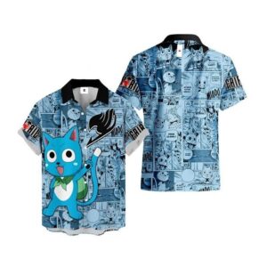 Chemise hawaïenne Fairy Tail Happy – Style tropical homme & femme - Maison Otaku