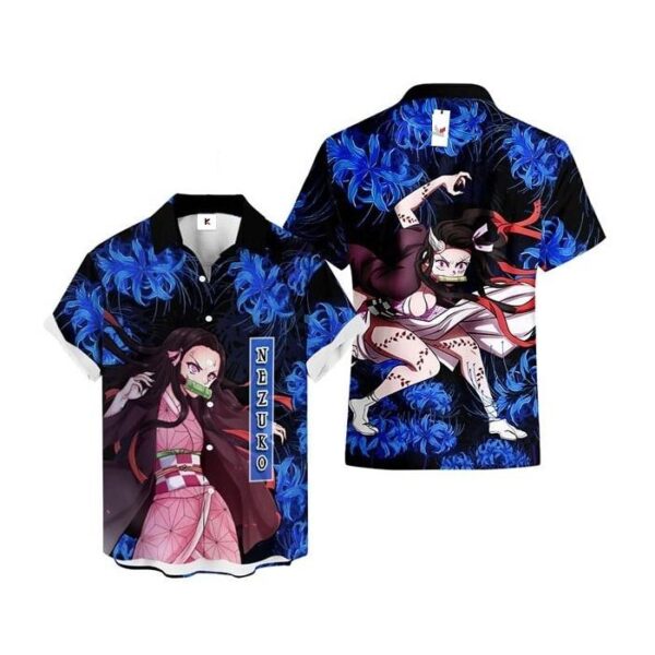 Chemise hawaïenne Demon Slayer Nezuko Lys araignée bleu - Maison Otaku