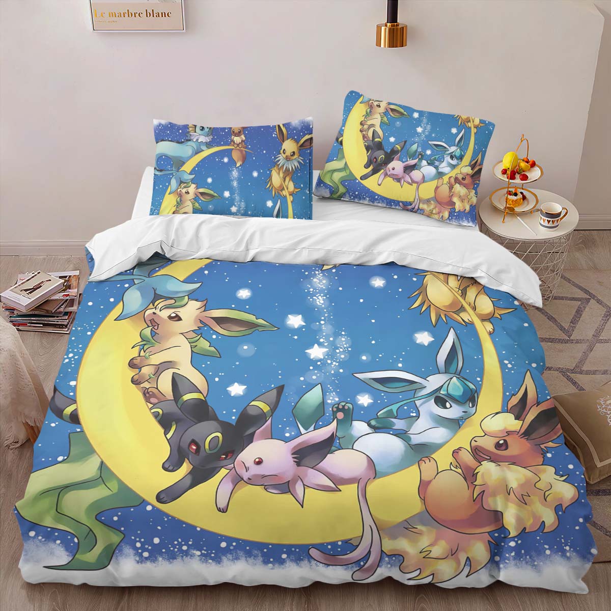 Housse De Couette Toutes les évolutions d’Évoli Pokémon sur la lune Parure de lit Ensemble De Literie – Image 2