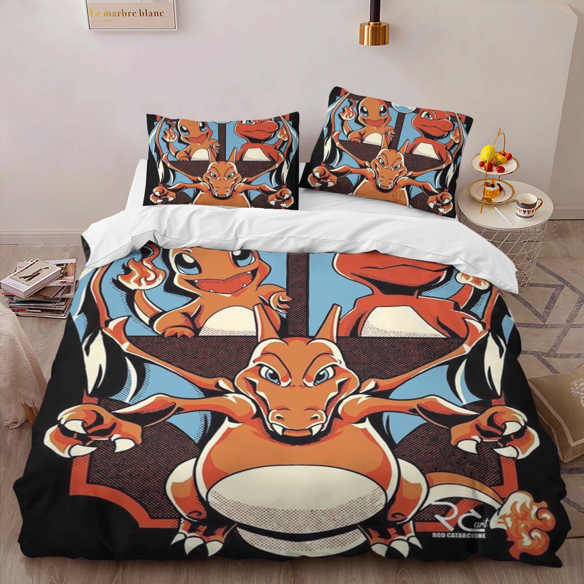 Housse De Couette Salamèche Reptincel Dracaufeu Feu Pokémon 2 Parure de lit Ensemble De Literie – Image 2