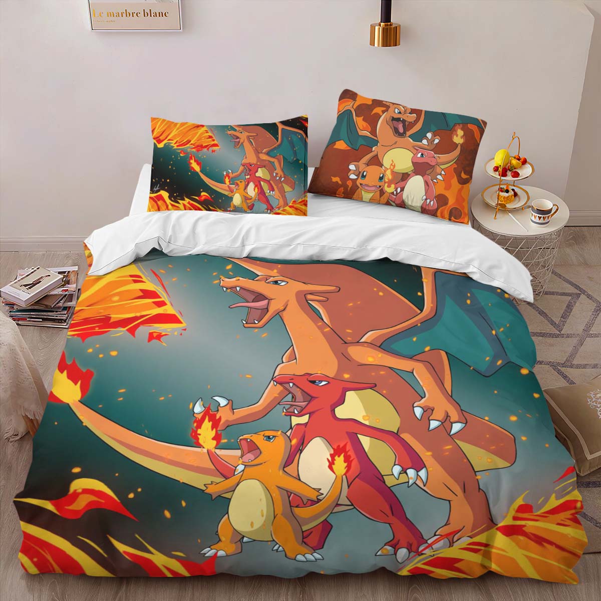 Housse De Couette Salamèche Reptincel Dracaufeu Feu Pokémon 4 Parure de lit Ensemble De Literie – Image 2