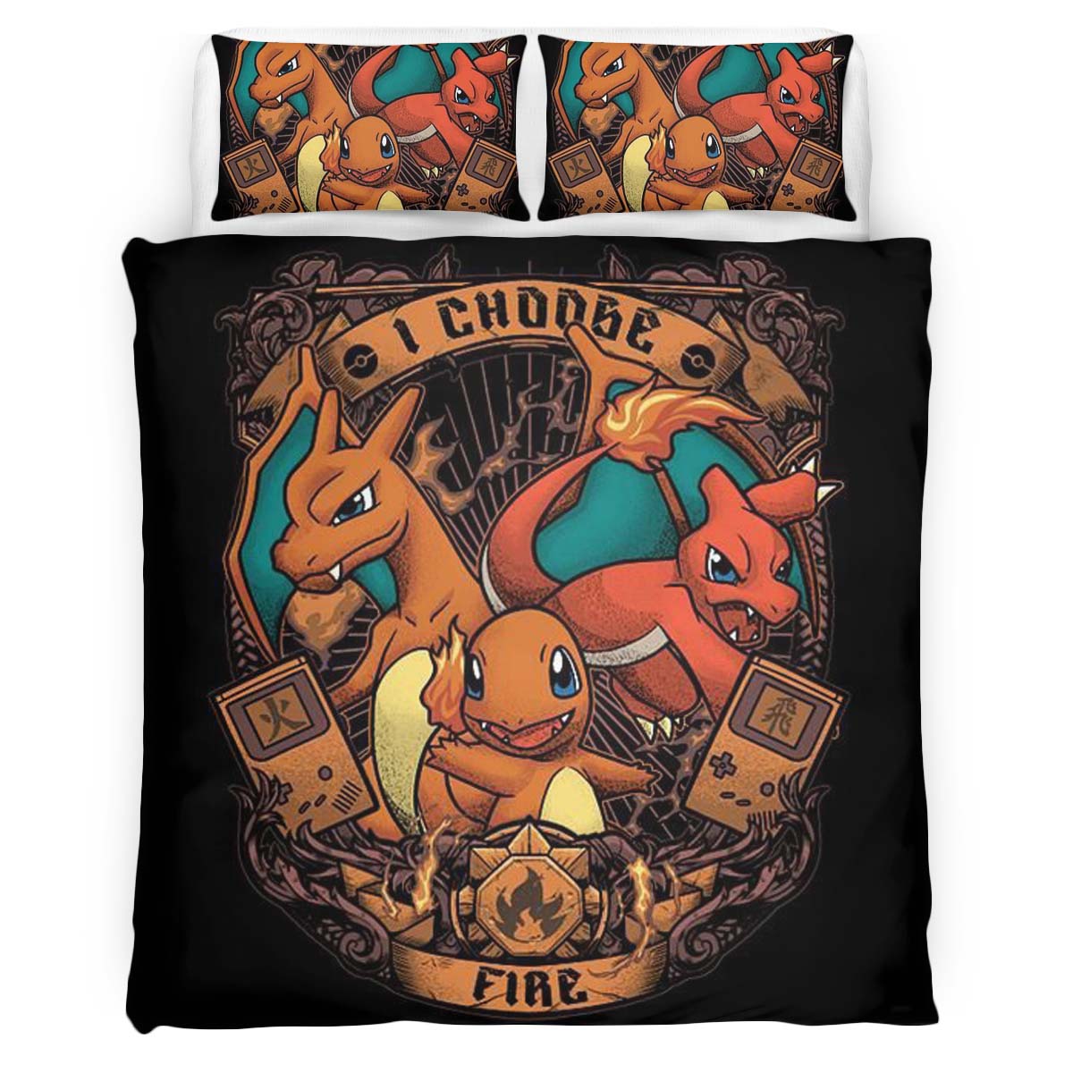 Housse De Couette Salamèche Reptincel Dracaufeu Feu Pokémon Parure de lit Ensemble De Literie