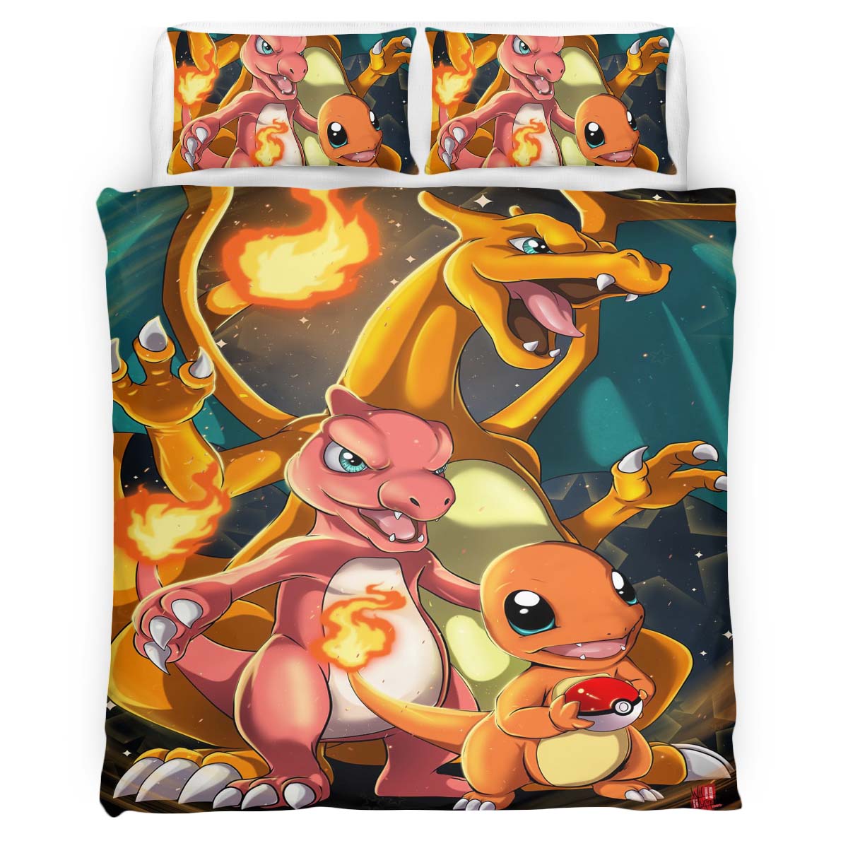 Housse De Couette Salamèche Reptincel Dracaufeu Pokémon Parure de lit Ensemble De Literie