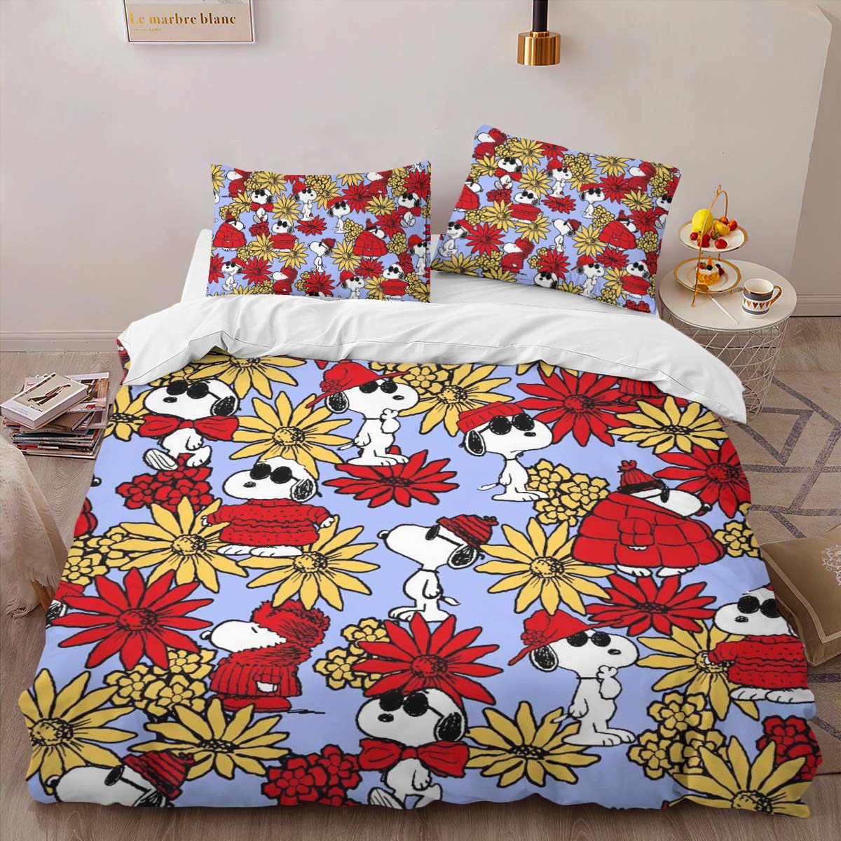 Housse De Couette Snoopy Floral Parure de lit Ensemble De Literie – Image 2