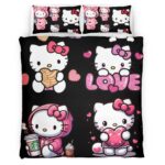 Housse De Couette Hello Kitty fond noir et Kitty rose Parure de lit Ensemble De Literie