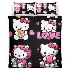 Housse De Couette Hello Kitty fond noir et Kitty rose Parure de lit Ensemble De Literie