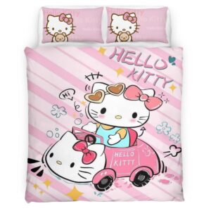 Housse De Couette Hello Kitty et voiture rose Parure de lit Ensemble De Literie