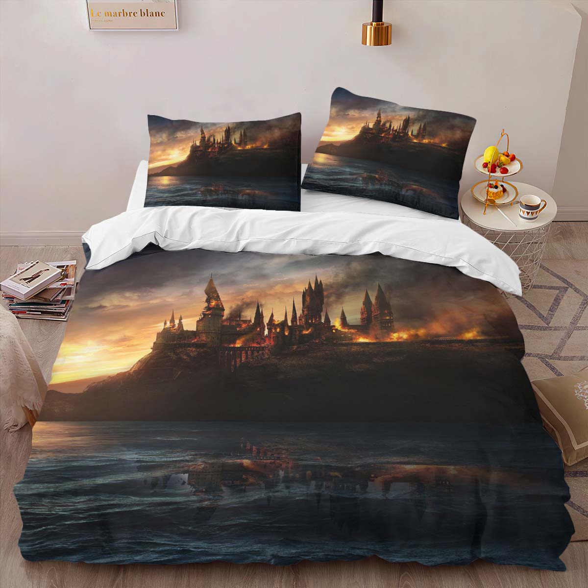 Housse De Couette Château de Poudlard en flammes Parure de lit Ensemble De Literie – Image 2