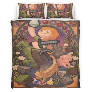 Housse De Couette Minecraft Alex et Personnages en Cochons et Chats Parure de lit Ensemble De Literie