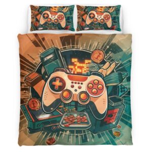 Housse De Couette Manette Gaming Rétro Vintage Parure de lit Ensemble De Literie